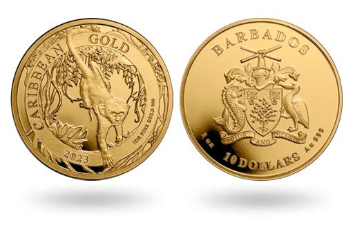 Зеленая мартышка на золотых монетах Барбадоса